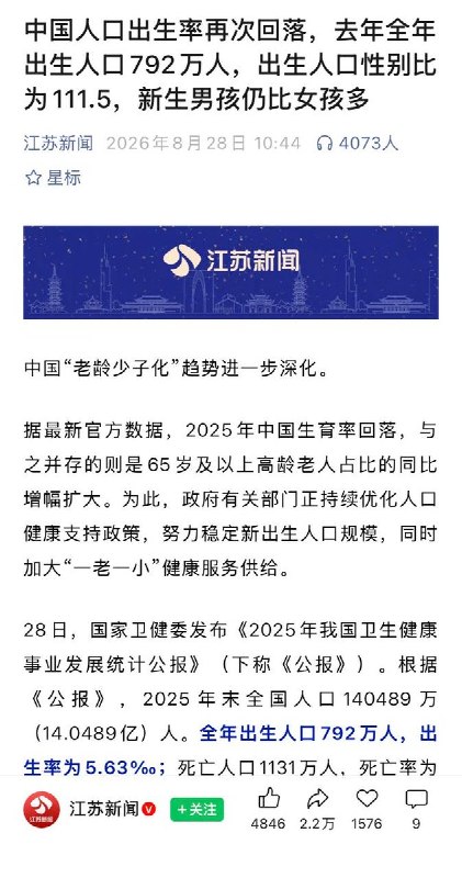 中国人口出生率再次回落，2025年全年出生人口仅792万8月28日，《江苏新闻》公众号援引《2025年我国卫生健康事业发展统计公报》：继2024年中国人口出生率同比增长0.038%之后再次回落，去年全年出生人口仅792万