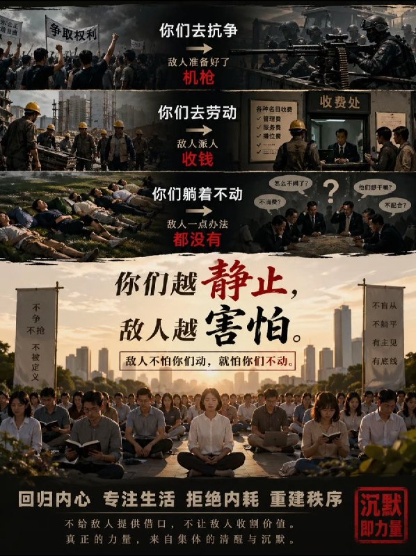 近日，国内网友制作的海报：号召大家一起反内卷，拒绝内耗一起躺平，沉默就是力量，敌人不怕你们动，就怕你们不动查看原文📝 引用推文:“躺平危害国家安全”4月28日，中国国安部发布“重磅”内容，将近年来在抖音，快手上爆火的“躺平”系主播，定性为被境外势力支持的群体