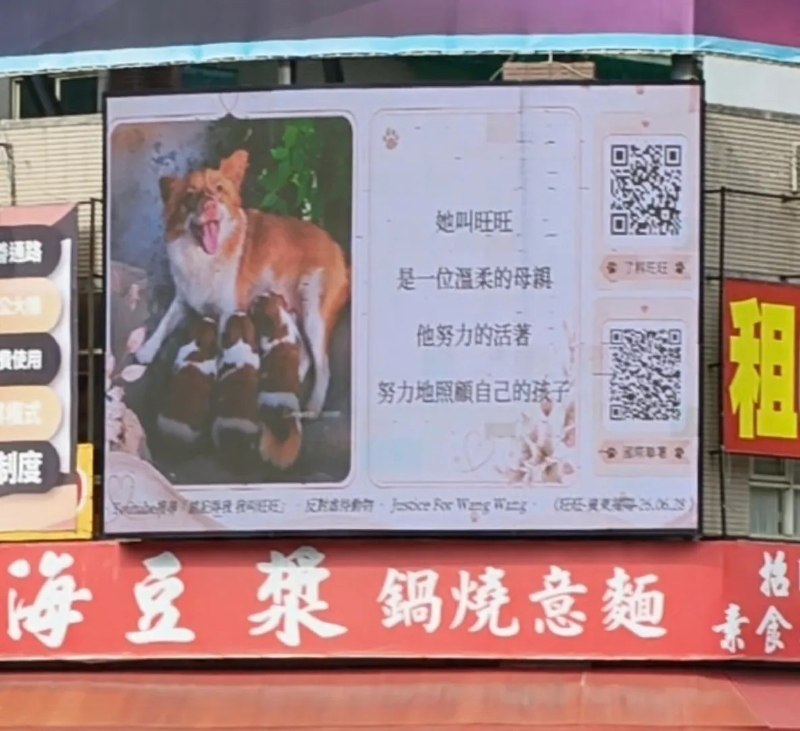 8月1日，台湾台中市北屯区柳阳东街、北平路四段附近，有民众在街头大型电子屏投放声援旺旺的画面