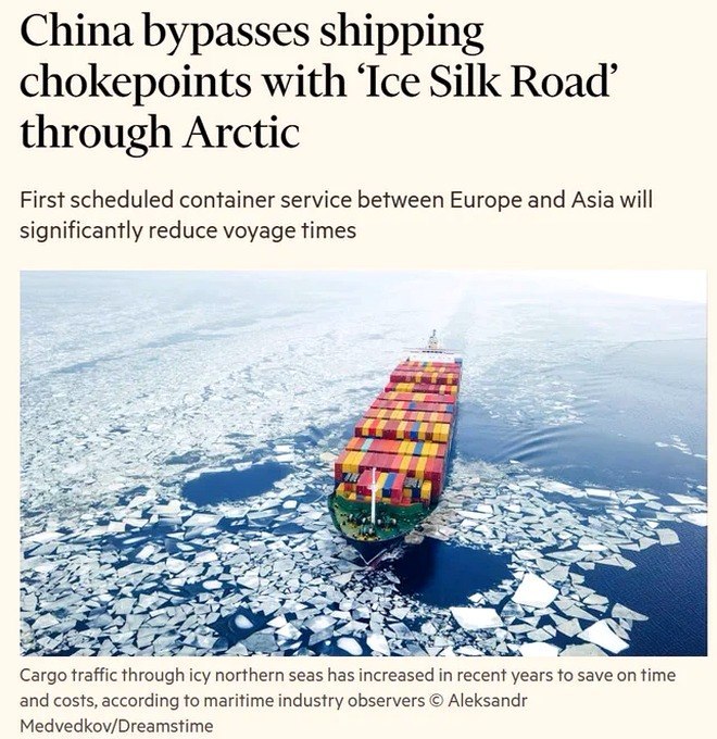 中国开通首条经北极赴欧洲的常态化集装箱航线，航程缩短近一半8月10日，英国《金融时报》报道，中国航运企业正在开通首条经北极前往欧洲的常态化集装箱航线