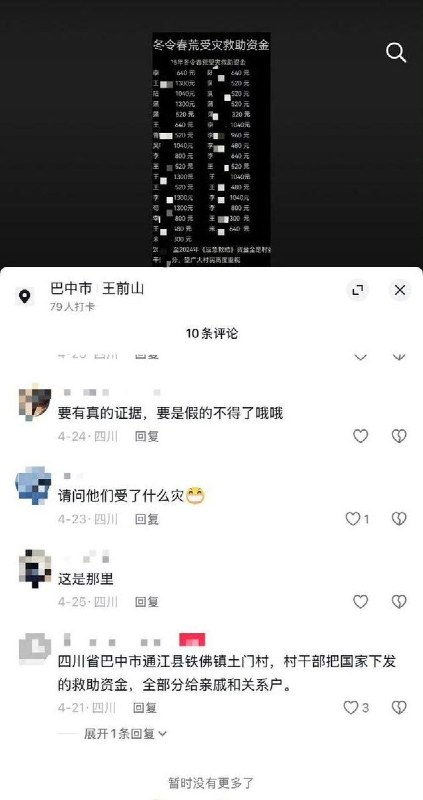 4月21日，有网友在社交平台发布一份“2025年冬春救助资金发放名单”，并在评论中质疑称，四川省巴中市通江县铁佛镇土门村存在将救助资金分配给亲属及熟人等不符合条件人员的情况