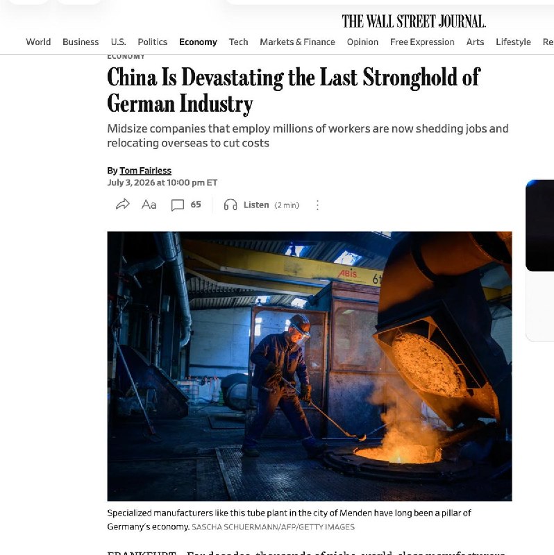 德国工业的中国冲击华尔街日报7月3日报道，中国制造业崛起正重创德国”中小企业”（Mittelstand）——这一支撑德国经济数十年的专业化中型制造商群体