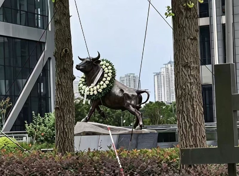 给“牛市”送花圈：因股市连续下跌，股民将花圈套在交易所铜牛脖子上10月23日，网传因股市连续下跌，有股民买来花圈，套在交易所门口的铜牛脖子上