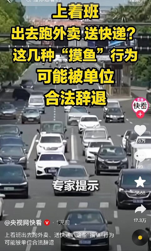 8月4日，央视网快看发布专家提示称，上班时间跑外卖、送快递或长期刷视频、看短剧等“摸鱼”行为，严重者可能会被用人单位合法辞退