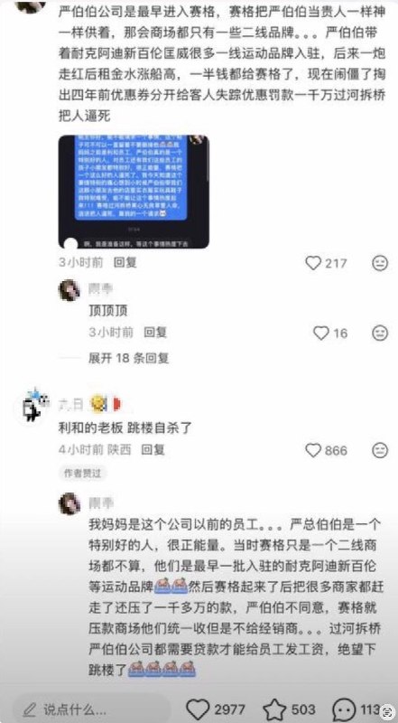 西安赛格商场跳楼事件：有很多网友在评论区现身说法，跳楼的严总为人很好，在赛格商场发展初期具有重要影响力