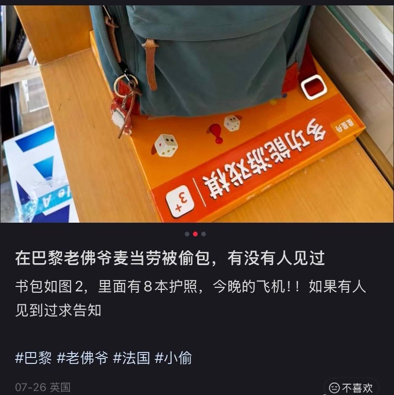 “背后有个强大的祖国”近日，一名中国游客在巴黎被偷，丢了八本护照