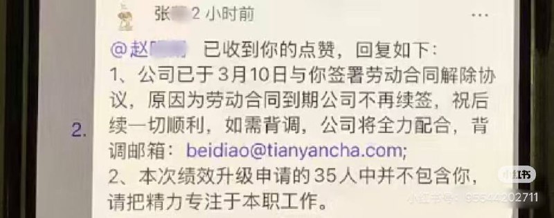 3月15日，有天眼查员工在内部群中对“绩效升级申请结果”提出异议