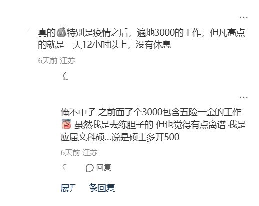 “除了体制全是垃圾工作”9月2日，一网友在小红书发帖吐槽：“南京怎么遍地都是3千的工作，超过4500肯定就不交社保，超过5000肯定就月休两天