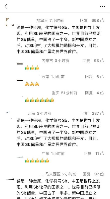 “中国Sb储量和产量均居世界首位”8月19日，有微信公众号发文《只有共产党才能救中国》，评论区借“锑（Sb）元素科普”之名涌现出大量冷嘲热讽：“锑是一种金属，化学符号Sb……目前，中国Sb储量和产量均居世界首位
