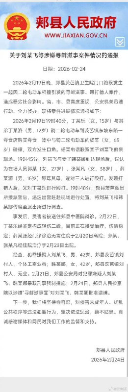 2月24日，平顶山再通报打人事件：郏县人民检察院以涉嫌“寻衅滋事罪”对刘某飞、韩某娜批准逮捕