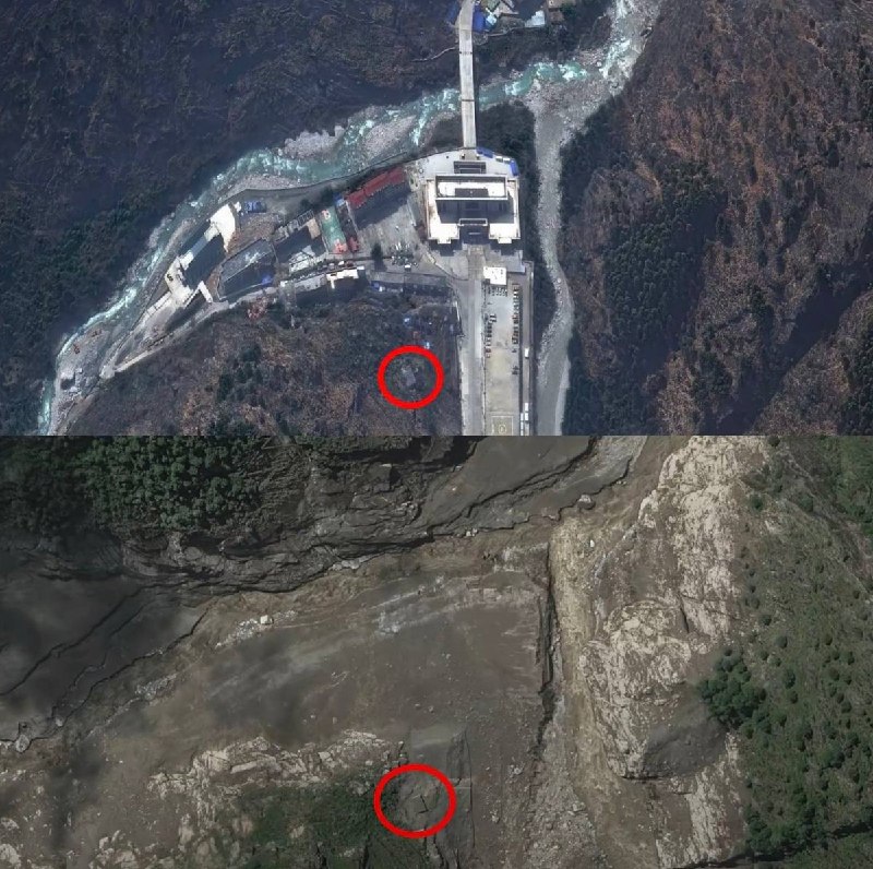 卫星显示，西藏吉隆口岸的国门建筑群已经彻底被泥石流填平