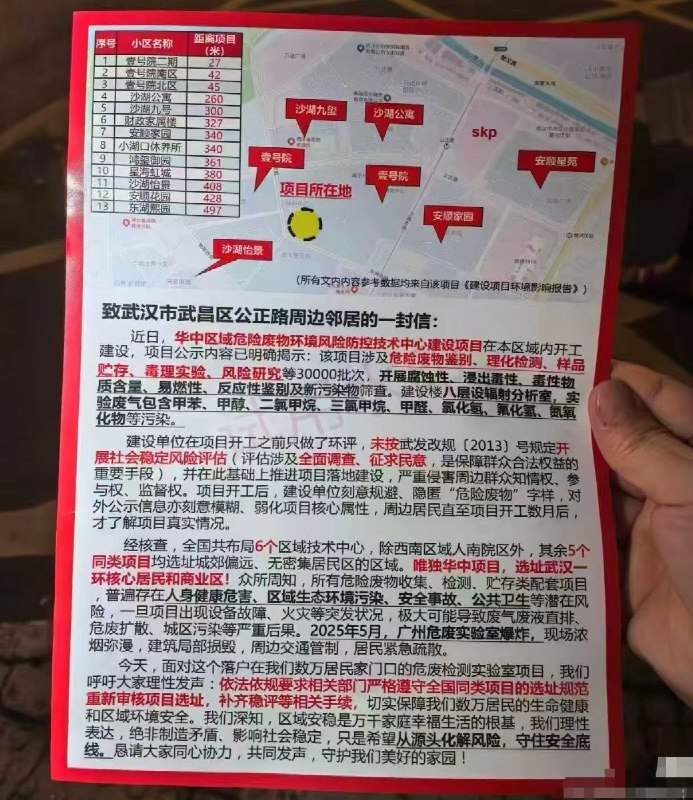 近日，武汉武昌核心区爆发群体抗议：2亿危废实验室建在居民楼旁，全网封锁“失联”​湖北武汉武昌区公正路周边爆发大批居民集体维权行动
