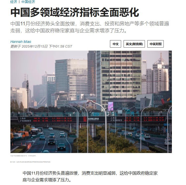 12月15日，华尔街日报报道，中国11月多项经济指标全面走弱