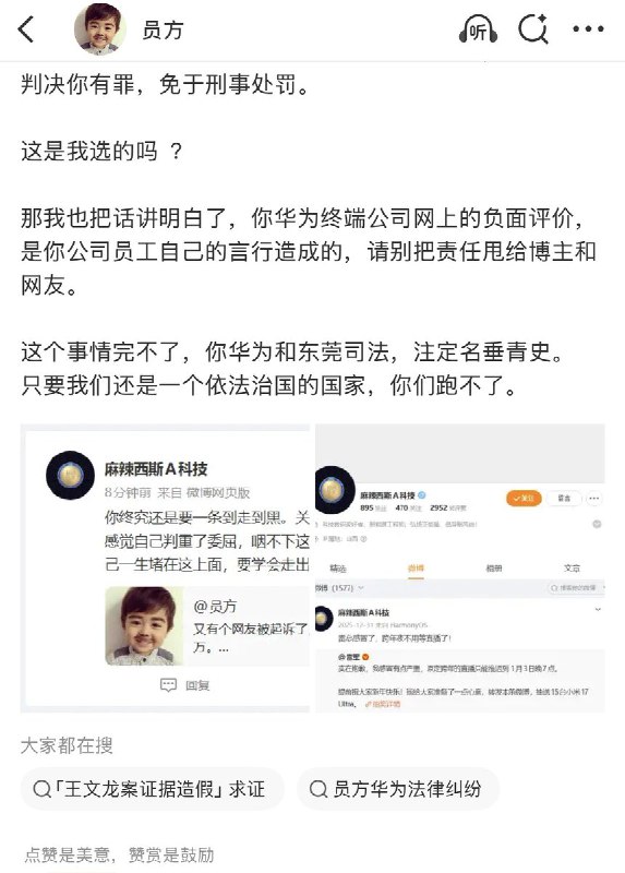3月19日，因几篇文章被华为起诉失去自由整整五年的博主“员方”发文称：“又有个网友被起诉了，因为转发了几个智驾事故的视频，被(华为终端)起诉索赔100万