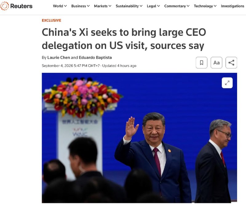 习近平拟携大型企业代表团访美，峰会成果预期有限9月4日，据路透社独家报道，习近平计划于9月24日赴华盛顿出席峰会时携带大型企业代表团，此举颇为罕见