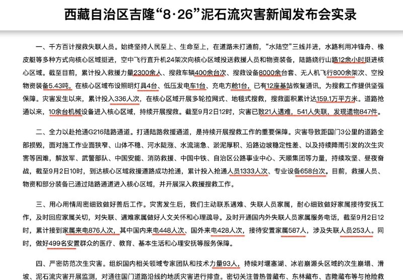 只有数字，没有名字9月2日，吉隆“8·26”泥石流灾害新闻发布会在西藏吉隆镇举行，会上西藏自治区的主要领导介绍了灾害最新的救援情况