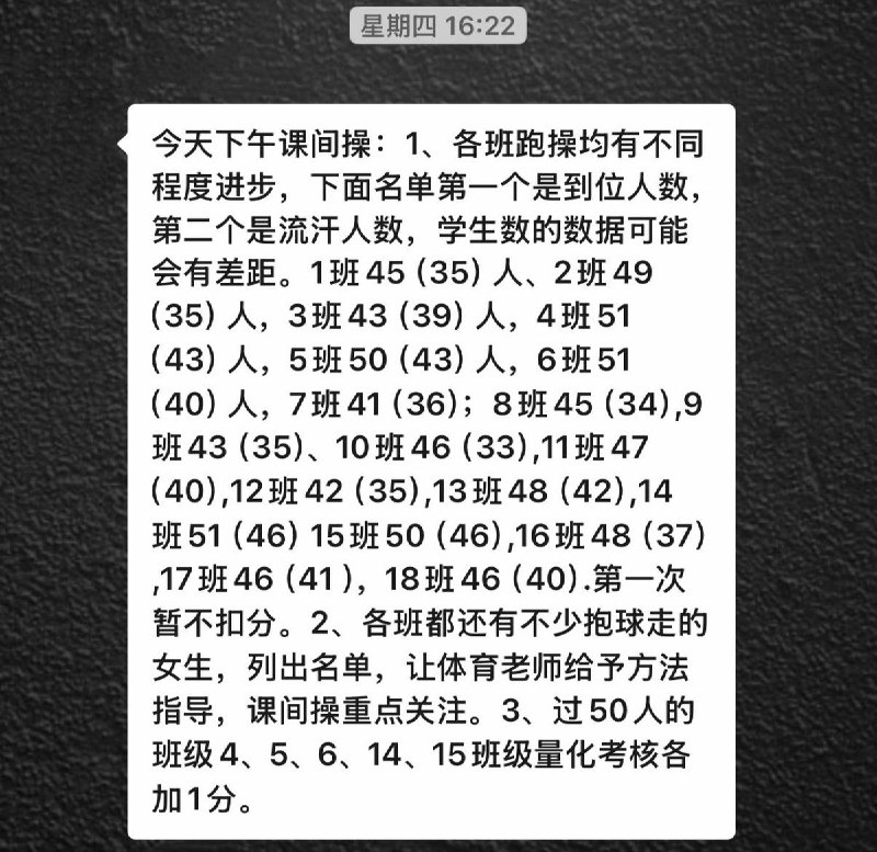 10月19日，河南一网友发帖吐槽，其学校在课间跑操中推行“查出汗人数”制度，将学生跑操是否流汗纳入班级量化考核