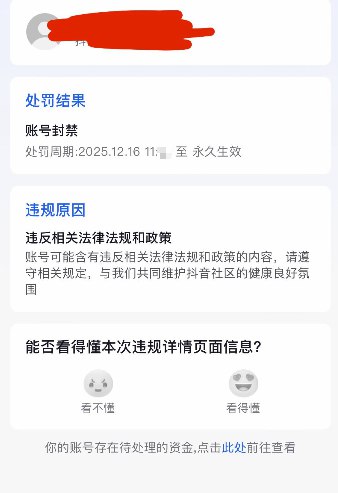 网友投稿：12月16日，抖音出现大规模账号被封情况，或与相关“清朗行动”有关