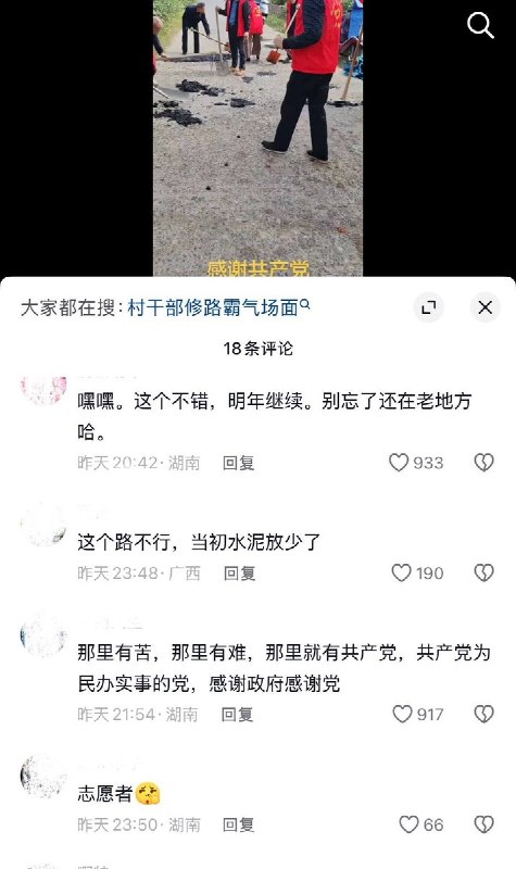 10月24日，湖南网友拍到，有地方基层干部及志愿者身穿红马甲，手持铁铲在村里小路上用沥青填补路面坑洼，现场并有红旗与拍照录像人员