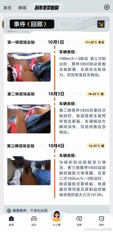 懂车帝app专门给 #尊界V800# 出了个专题页面懂车帝回顾了3辆尊界V800在制动实测中先后出现刹车踏板支架断裂的情况，并强调其100-0km/h制动实测自2019年至今已测试2000多台车辆，此前测试过程中未出现过刹车踏板支架断裂案例