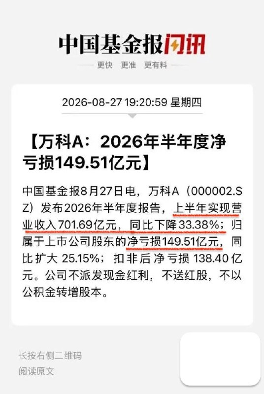 “万科上半年亏损150亿”8月27日，中国基金报消息，中国房地产标杆企业万科发布2026年半年度报告
