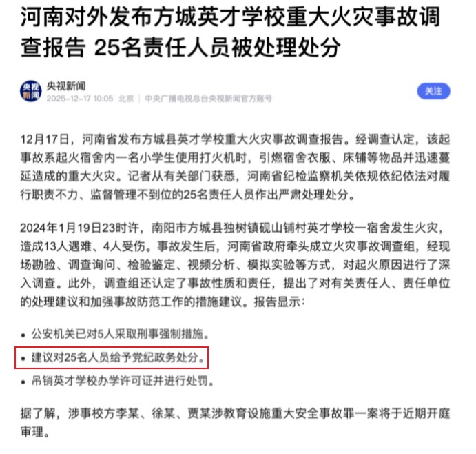 12月17日，河南对外发布方城英才学校重大火灾事故调查报告，对5人采取刑事强制措施，并建议对25名责任人员给予党纪政务处分