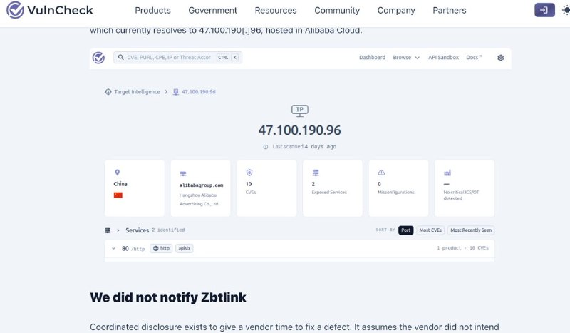 研究人员：中国制造的Zbtlink路由器内置后门，全球逾10万台受影响路透社8与5日报道，网络安全公司VulnCheck的研究人员发现，中国制造商Zbtlink旗下逾20款路由器内置名为”Endlessdoors”的后门程序，相关产品以Zbtlink及Wiflyer品牌在全球销售，估计受影响设备超过10万台