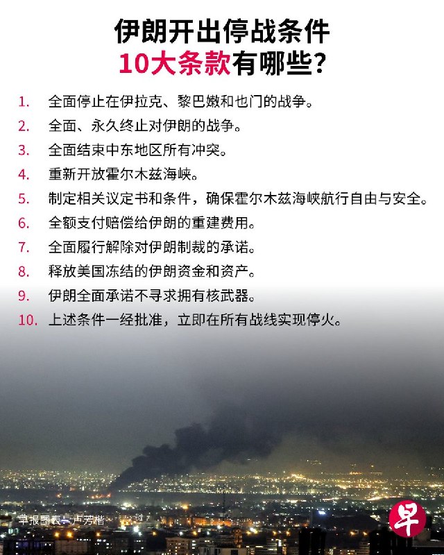 4月7日，伊朗方面发布声明： 同时考虑到美国基于其“15点方案”提出的谈判请求，以及美国总统宣布接受伊朗“10点方案”的总体框架作为谈判基础，我谨代表伊朗最高国家安全委员会声明如下：如果针对伊朗的攻击停止，我们强大的武装部队也将停止防御性行动