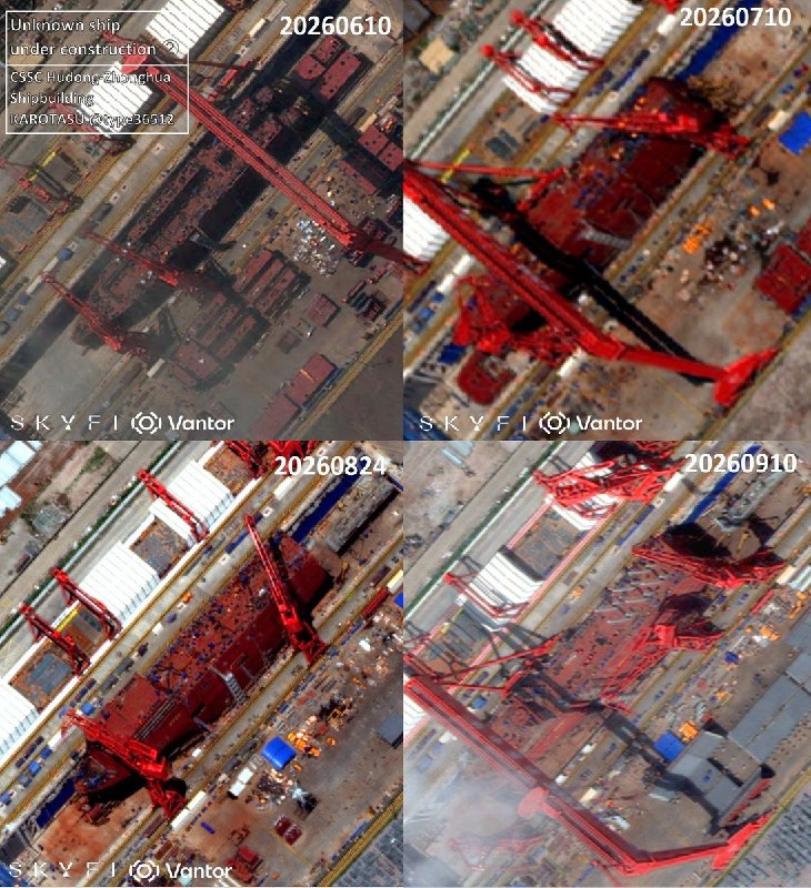 9月15日，军事媒体《海军新闻》发文披露，卫星图像显示，上海沪东中华造船厂正在建造一艘用途不明的特殊船舶