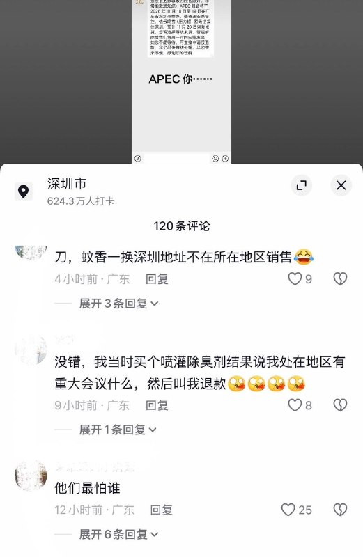 10月29日，深圳网友发帖吐槽，其在网购时收到商家通知称，受APEC会议安保管控影响，其购买的依云补水喷雾（压力罐爽肤水）无法发往发货