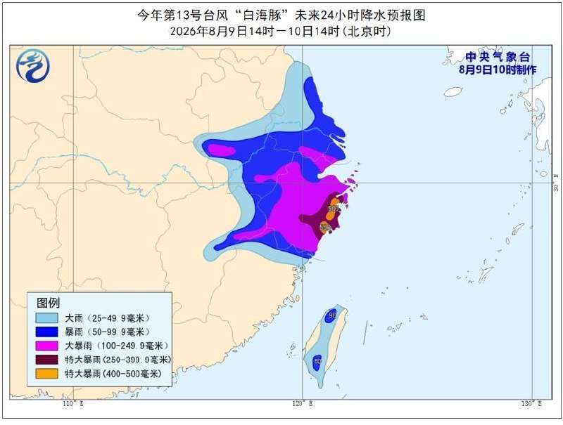 8月9日，受今年第13号台风“白海豚”影响，中央气象台发布台风红色预警