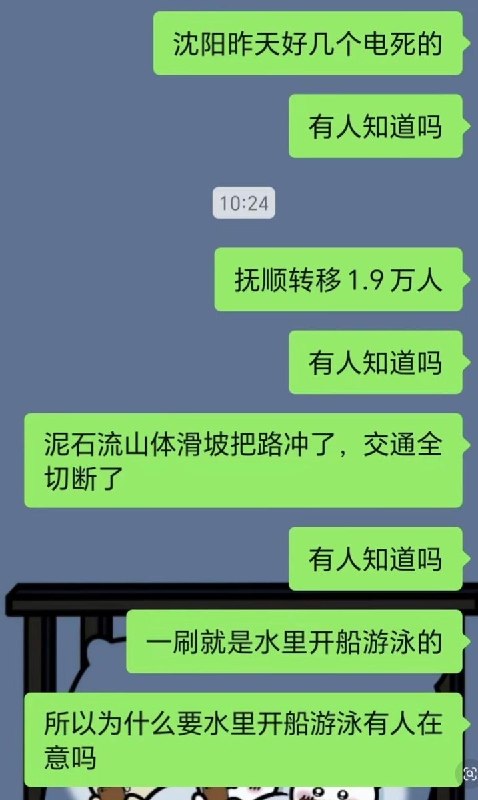 7月14日上午，有辽宁网友发文质疑，东北多地遭遇持续暴雨后，人员伤亡、道路冲毁、村庄失联等消息并未得到足够关注，平台上更常见的却是“水里开船、游泳”等娱乐化画面
