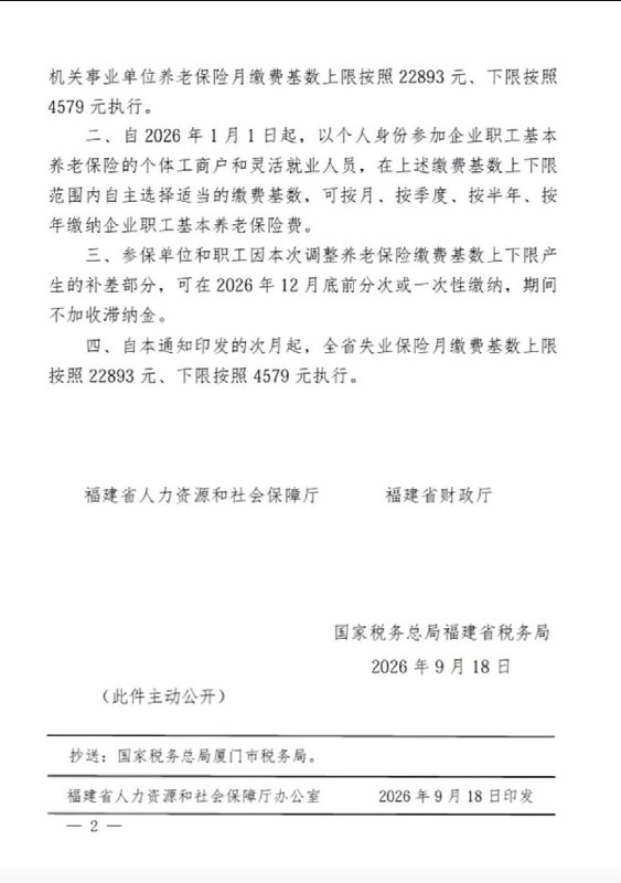 网友投稿根据网友分享的一份红头文件显示，福建省人力资源和社会保障厅、福建省财政厅和福建省税务局于9月18日发布通知，上调了本省养老保险缴费基数，上限按22893元、下限按4579元执行