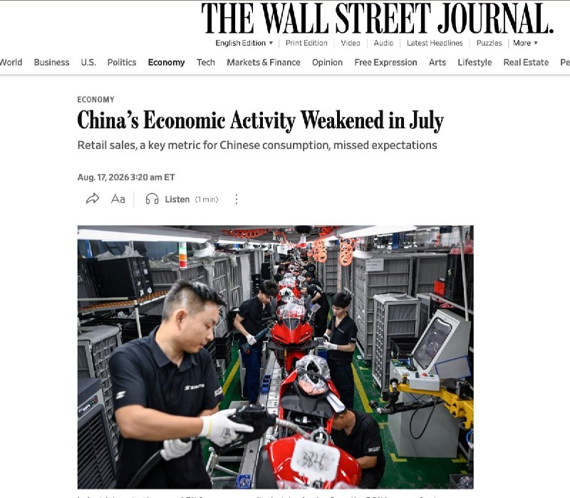 中国7月经济数据全面走弱，内需持续低迷华尔街日报8月17日报道，中国国家统计局数据显示，7月多项经济指标不及预期