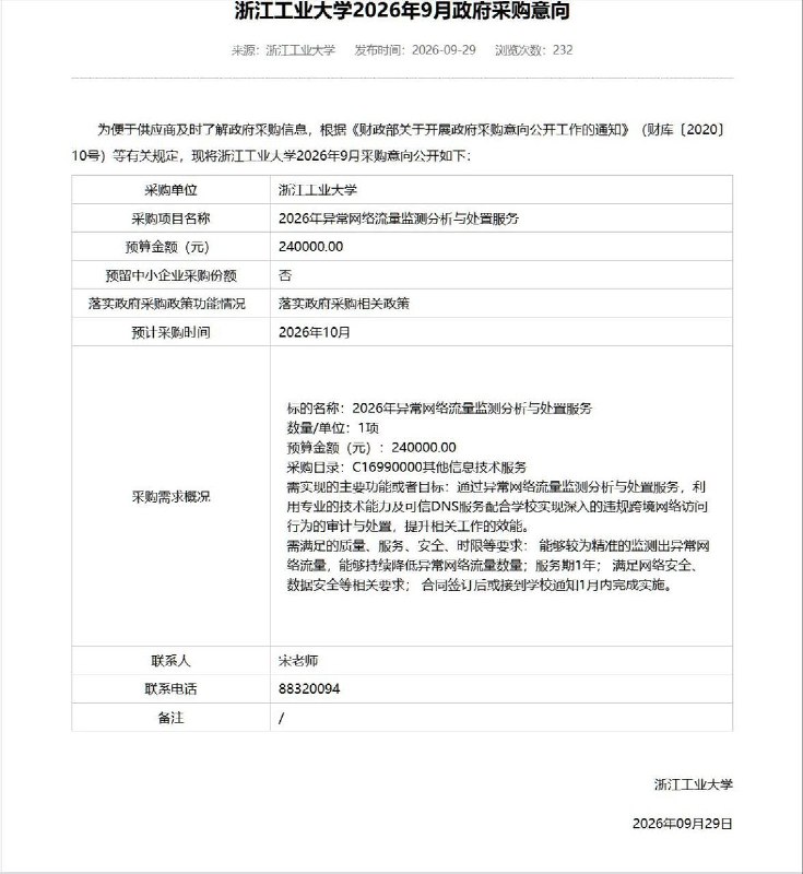 浙江工业大学拟花24万元，审计处置“违规跨境网络访问”网友投稿：9月29日，浙江工业大学公布政府采购意向，拟花24万元采购“异常网络流量监测分析与处置服务”，明确要求对“违规跨境网络访问行为”进行审计与处置