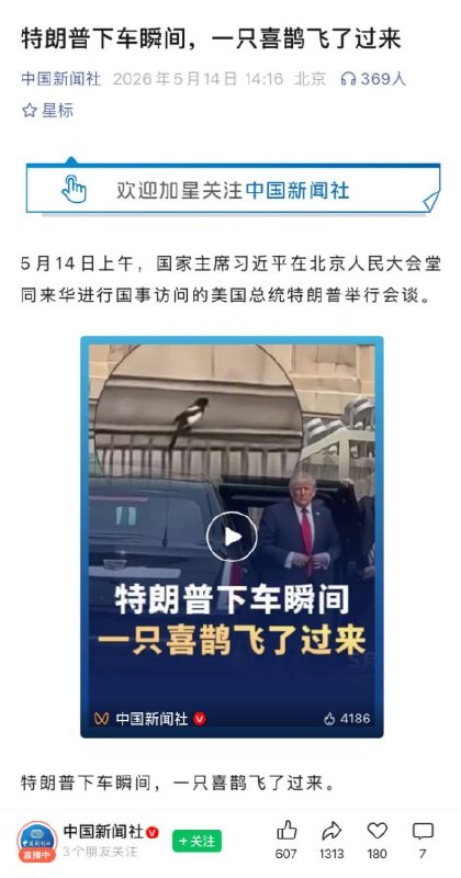 5月14日，中国新闻社发文《特朗普下车瞬间，一只喜鹊飞了过来》查看原文📝 引用推文:全体小粉红注意未来三天，不恨美国查看引用原文5月14日，中国新闻社发文《特朗普下车瞬间，一只喜鹊飞了过来》查看原文📝 引用推文:全体小粉红注意未来三天，不恨美国查看引用原文