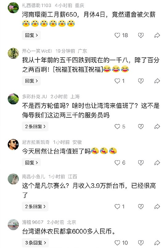 4月4日，海峡导报：台湾餐饮业劳工平均月薪为3.9万新台币，目前购买力相当于大陆3000元人民币