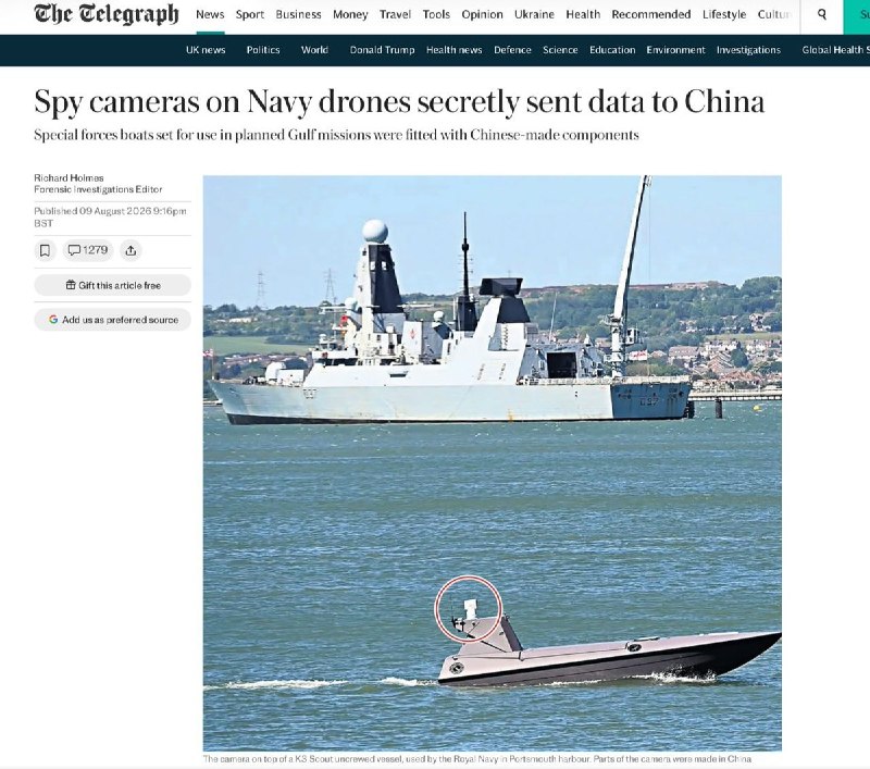 英国皇家海军无人艇摄像头秘密向中国传输数据8月10日，据《每日电讯报》报道，英国皇家海军特种部队使用的K3侦察无人艇上，摄像头内置中国制造零部件，并持续向中国境内一个IP地址发送”心跳通信