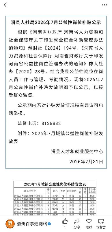 “打码的公示”8月5日，河南安阳滑县网友发现，当地人才和就业服务中心公布的“2026年7月公益性岗位补贴发放表”中，领取补贴人员的姓名均被打码