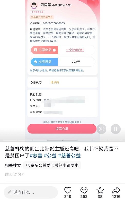 9月22日，有网友发现，中国青少年发展基金会旗下的公益项目“微心愿”小程序中，生活困难儿童的“心愿物品”所需的价格被质疑明显高于市场常态，一个书包243元、一盏护眼台灯298元、一个保温饭盒199元