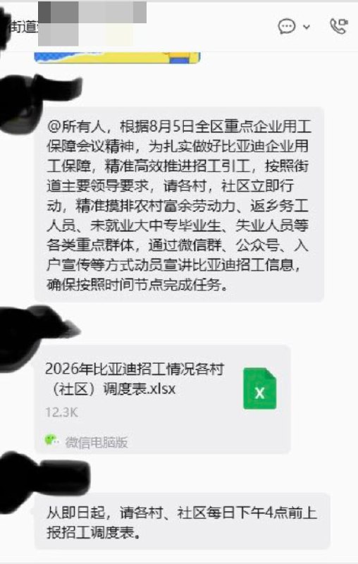 网友投稿：某地政府为落实比亚迪企业用工保障，要求街道办摸排农村富余劳动力、返乡务工人员、未就业毕业生、失业人员，对他们进行招工宣讲，并每天下午4点上报招工调度表