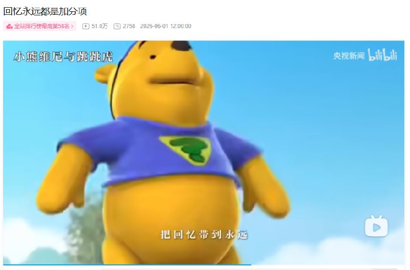 网友投稿：6月1日，央视新闻联合B站UP主“柠萌菌”发布“小熊维尼和跳跳虎”回忆短片