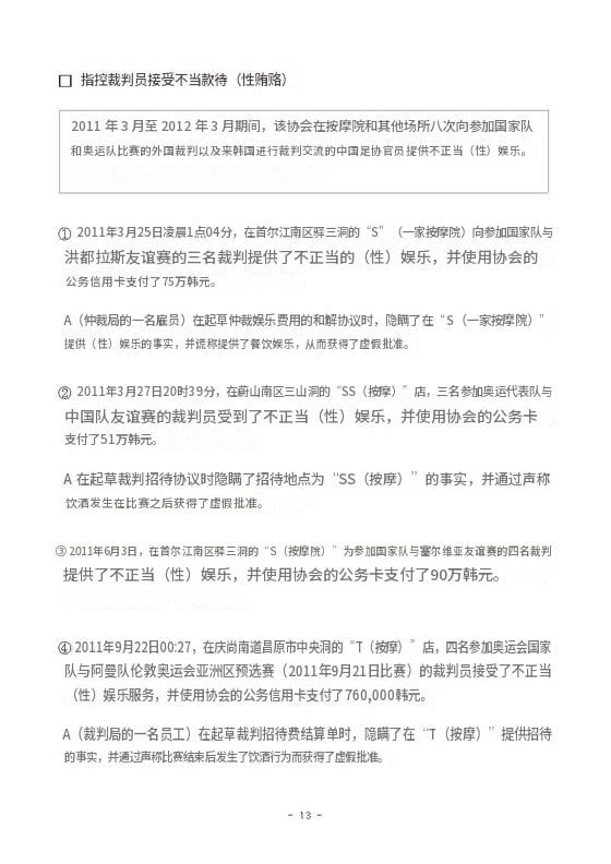 韩国足协曾向3名中国足协人士提供性招待8月7日，韩国共同民主党议员陈善美办公室公布的《足球协会违法行为调查结果综合》文件显示，2012年1月，韩国足球协会在接待赴韩参加裁判交流的3名中国足协相关人员时，安排了按摩店性招待