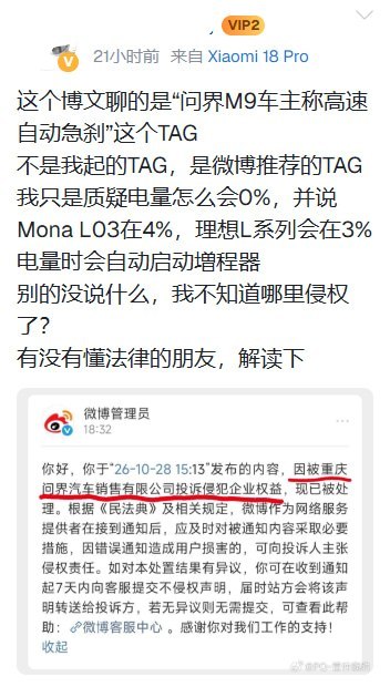 质疑问界M9电量为何归零，博主发帖遭投诉下架10月28日，某微博汽车博主发帖称，自己讨论“问界M9车主称高速自动急刹”话题，只是质疑“电量怎么会0%”，并与其他车型作比较，随后收到侵权投诉通知