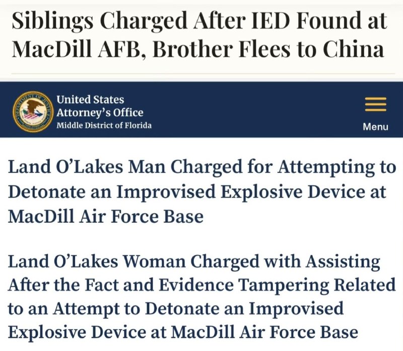 3月26日，根据美国司法部最新通报，来自佛罗里达州的一对华裔姐弟，将自制炸弹放在位于坦帕的麦克迪尔空军基地大门外，而该基地是美军在中东军事行动的“神经中枢”