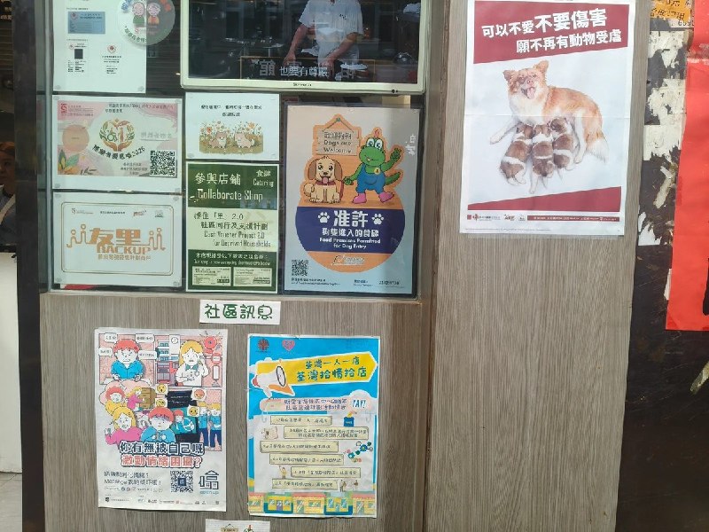 【广东揭阳小狗旺旺】7月29日，香港荃湾众安街83号一家餐厅在门口张贴“可以不爱，不要伤害，愿不再有动物受虐”的海报对旺旺事件声援