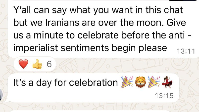 RT @HeLiuLeo: 来自我的伊朗同学：“我们伊朗人现在兴高采烈