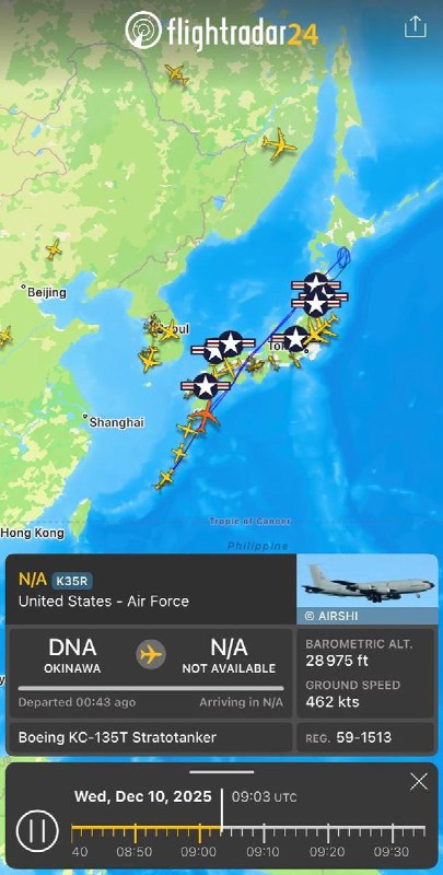 12月10日，美国空军具备核打击能力的B-52H“同温层堡垒”战略轰炸机，近日与日本航空自卫队战斗机编队飞越东海及日本海域，进行双边联合演练与武力展示