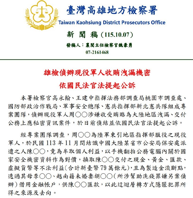 台湾东引军人被控向中国公安派遣人员交付机密，收取79万台币10月7日，高雄地检署公布，一名在陆军东引地区指挥部服役的周姓军人，被控用手机翻拍公务电脑内的国家安全机密，交给中国大陆某省市公安局保安处派遣的陈姓男子，换取现金、黄金、汇款及虚拟货币等共79万余元新台币