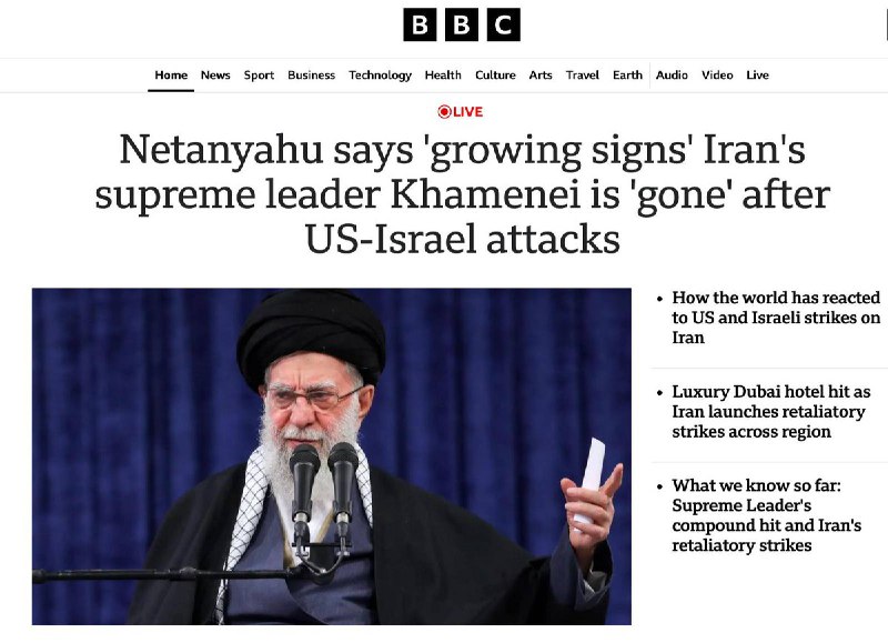 BBC、卫报和路透社多个媒体，援引 以色列总理 内塔尼亚胡的消息，“越来越多迹象”表明伊朗最高领袖哈梅内伊“已不在人世”